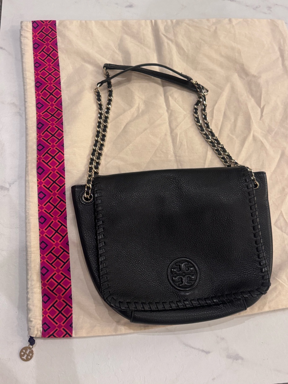 Tory Burch Marion Small Flap Shoulder Bag Saddle crossbody pebbled leather black